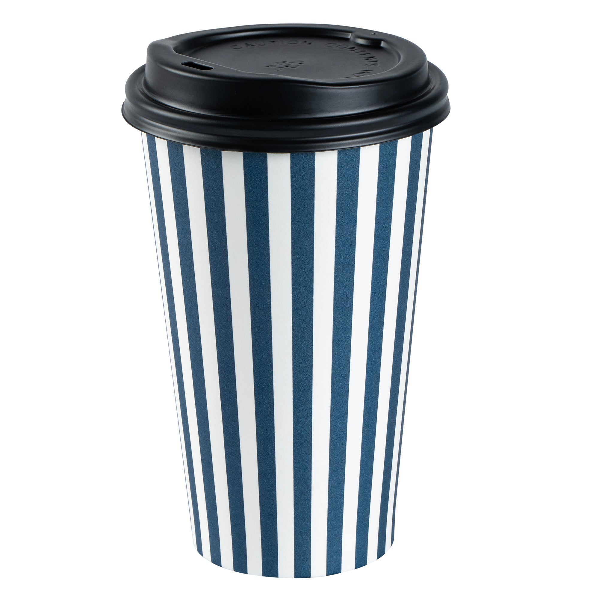 Restpresso 16 oz Blue and White Stripe Paper Single Wall Coffee Cup - with Black Lid - 3 1/2"x 3 1/2"x 5 1/2" - 20 count box