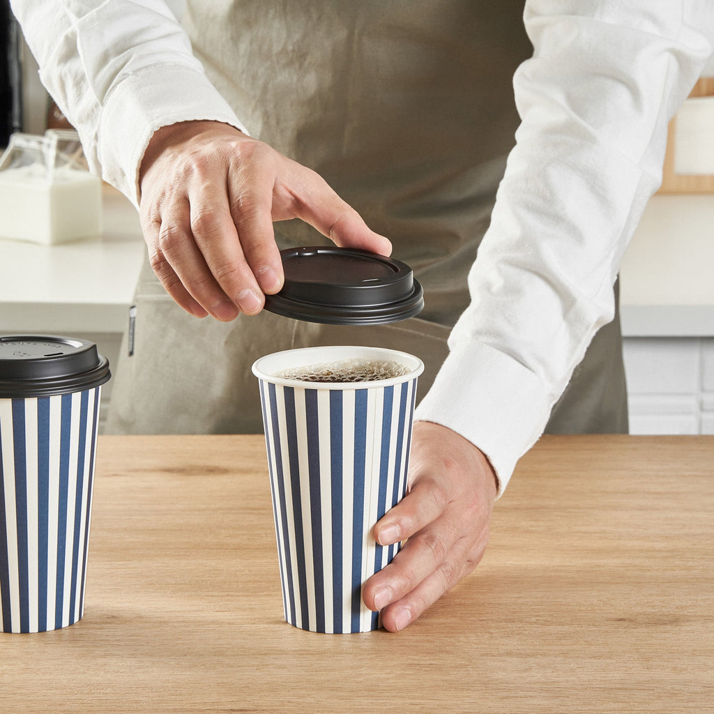 Restpresso 16 oz Blue and White Stripe Paper Single Wall Coffee Cup - with Black Lid - 3 1/2"x 3 1/2"x 5 1/2" - 20 count box