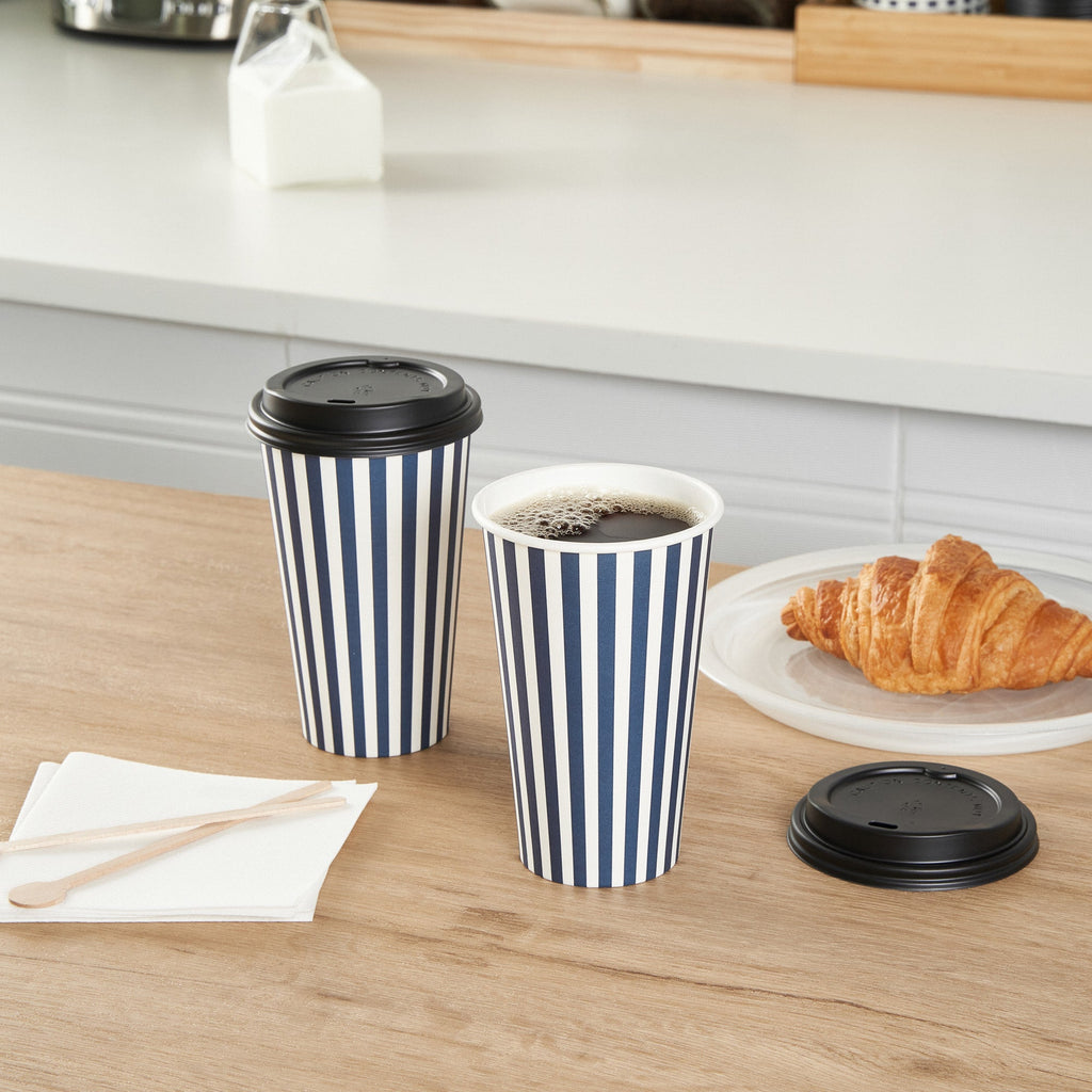 Restpresso 16 oz Blue and White Stripe Paper Single Wall Coffee Cup - with Black Lid - 3 1/2"x 3 1/2"x 5 1/2" - 20 count box