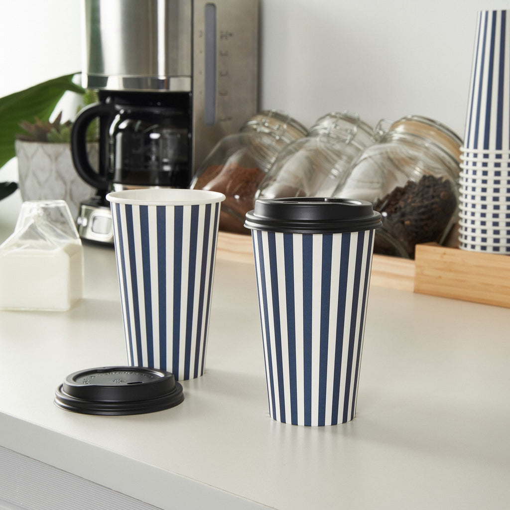 Restpresso 16 oz Blue and White Stripe Paper Single Wall Coffee Cup - with Black Lid - 3 1/2"x 3 1/2"x 5 1/2" - 20 count box