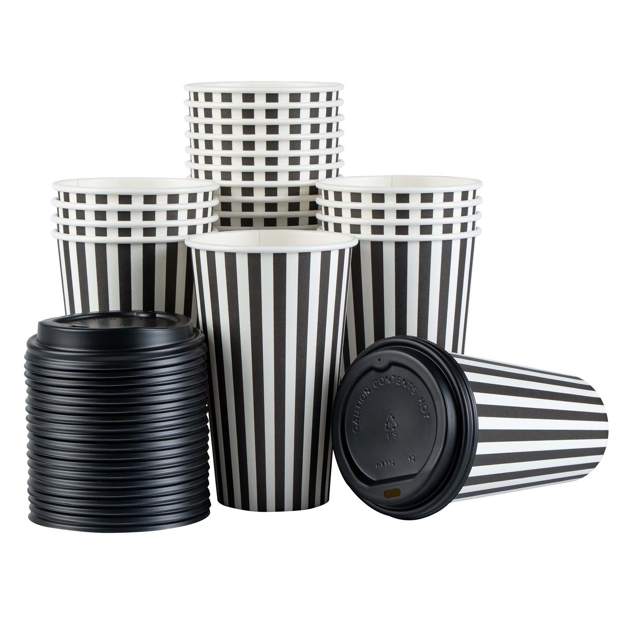 Restpresso 16 oz Black and White Stripe Paper Single Wall Coffee Cup - with Black Lid - 3 1/2"x 3 1/2"x 5 1/2" - 20 count box
