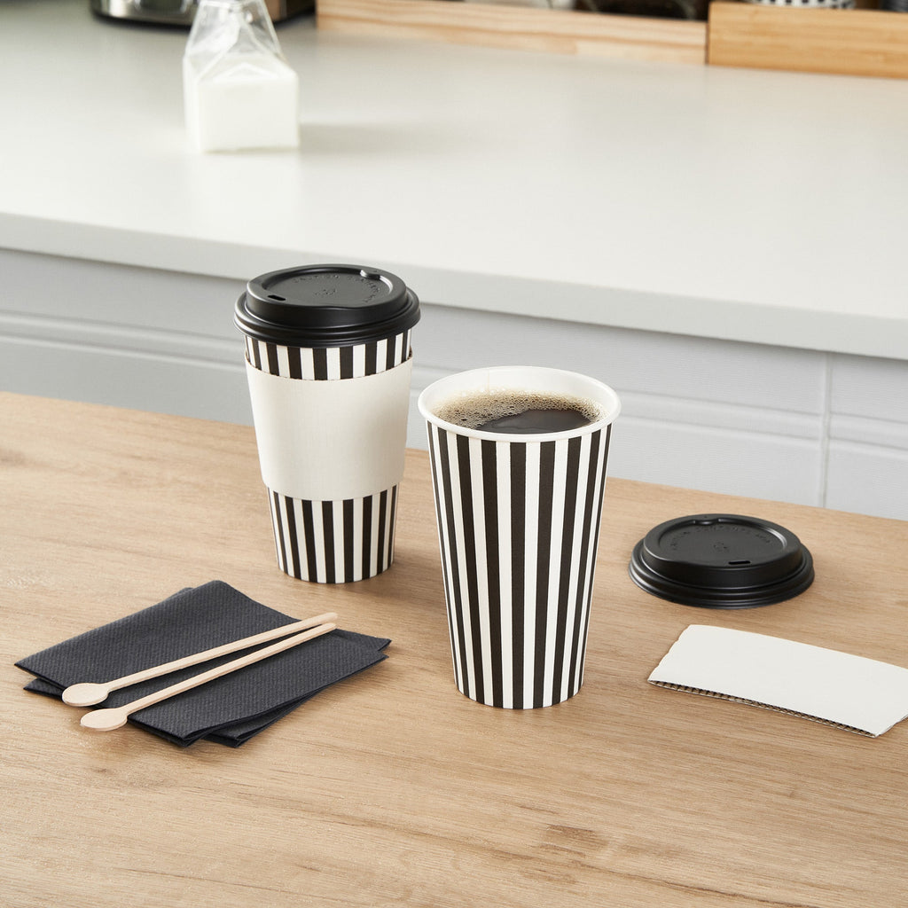 Restpresso 16 oz Black and White Stripe Paper Single Wall Coffee Cup - with Black Lid - 3 1/2"x 3 1/2"x 5 1/2" - 20 count box