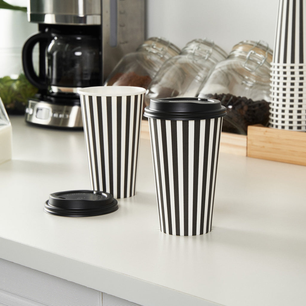 Restpresso 16 oz Black and White Stripe Paper Single Wall Coffee Cup - with Black Lid - 3 1/2"x 3 1/2"x 5 1/2" - 20 count box