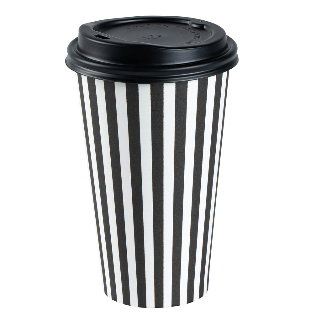 Restpresso 16 oz Black and White Stripe Paper Single Wall Coffee Cup - with Black Lid - 3 1/2"x 3 1/2"x 5 1/2" - 400 count box