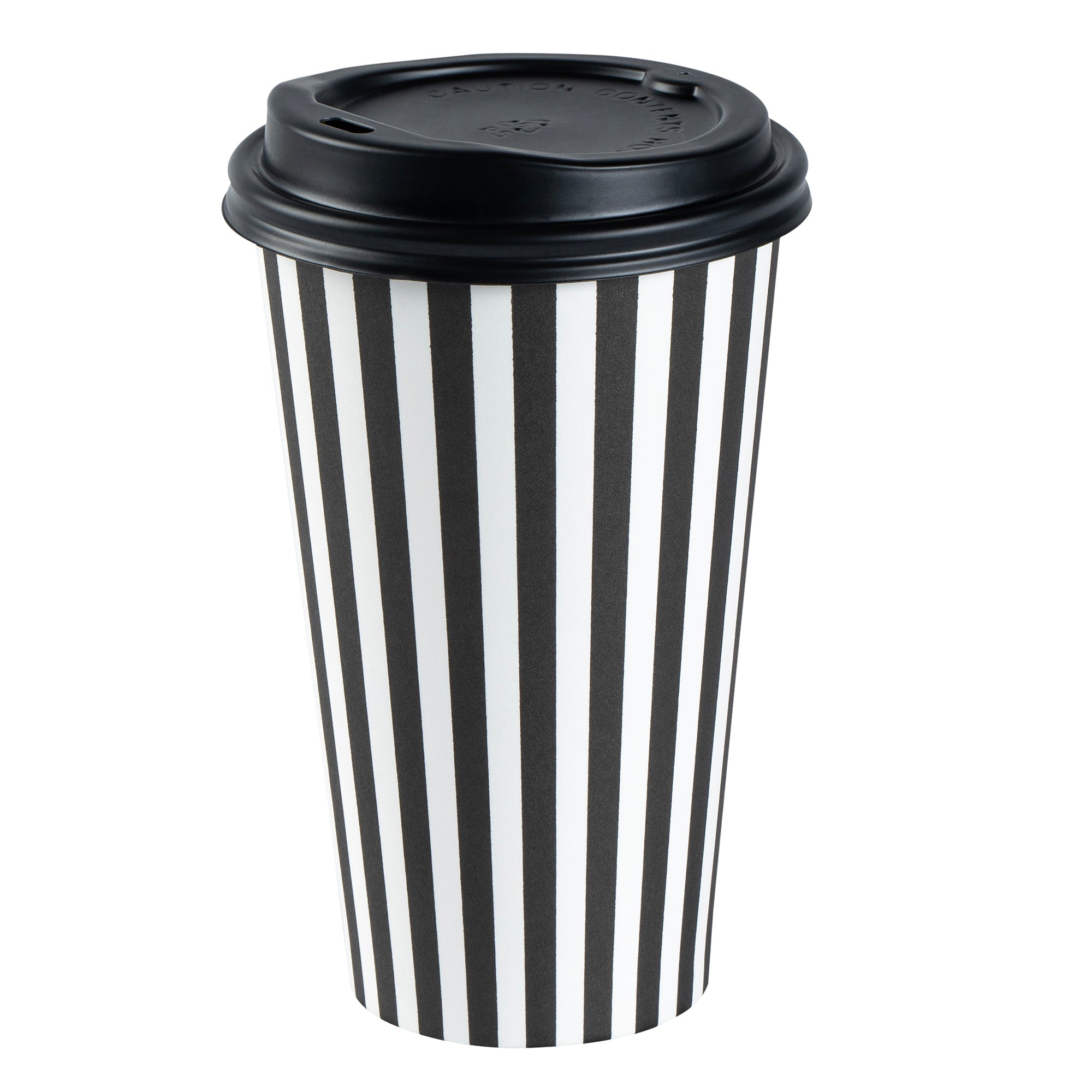 Restpresso 16 oz Black and White Stripe Paper Single Wall Coffee Cup - with Black Lid - 3 1/2"x 3 1/2"x 5 1/2" - 400 count box