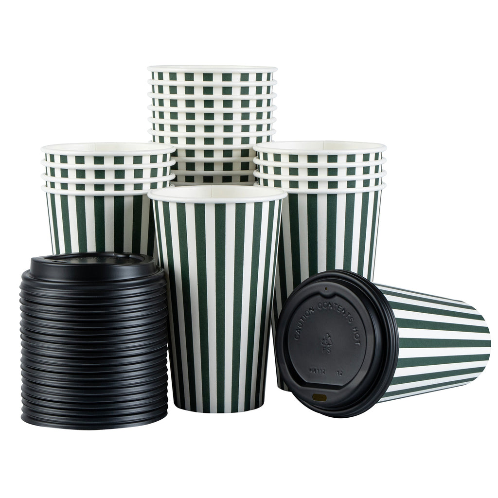 Restpresso 16 oz Forest Green and White Stripe Paper Single Wall Coffee Cup - with Black Lid - 3 1/2"x 3 1/2"x 5 1/2" - 20 count box