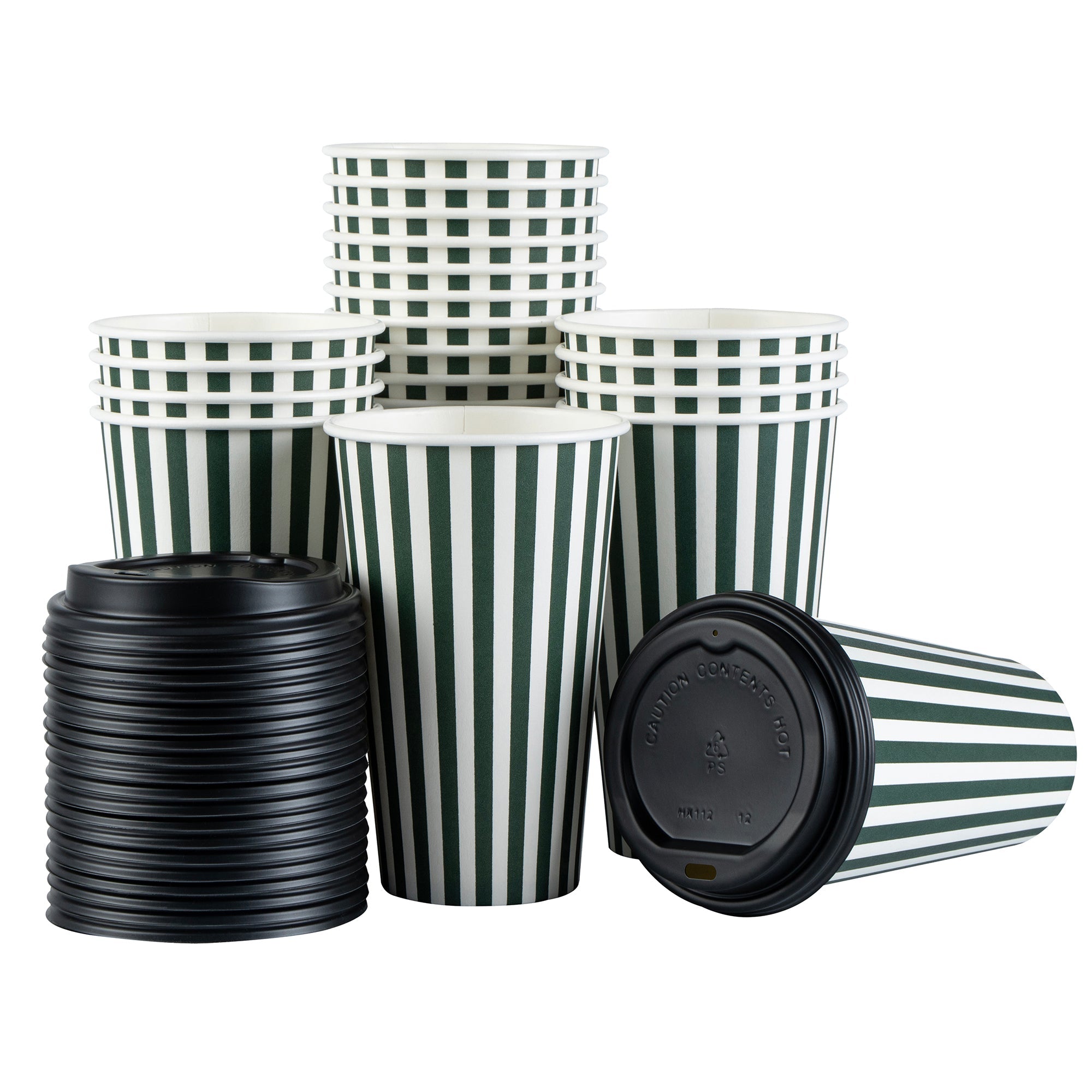Restpresso 16 oz Forest Green and White Stripe Paper Single Wall Coffee Cup - with Black Lid - 3 1/2"x 3 1/2"x 5 1/2" - 20 count box