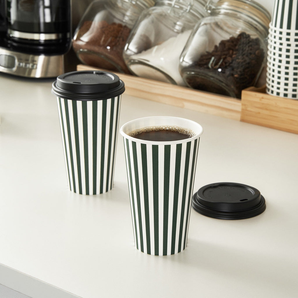 Restpresso 16 oz Forest Green and White Stripe Paper Single Wall Coffee Cup - with Black Lid - 3 1/2"x 3 1/2"x 5 1/2" - 20 count box