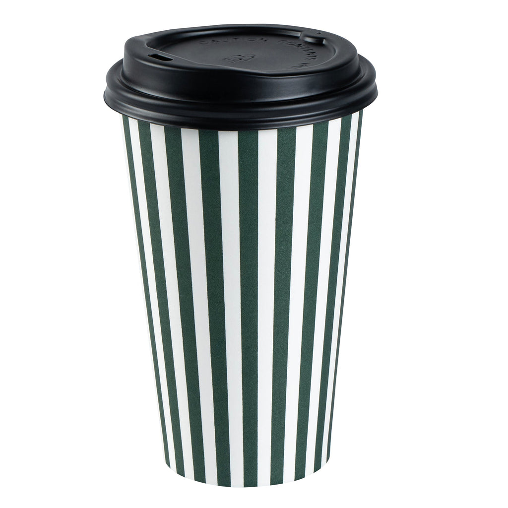 Restpresso 16 oz Forest Green and White Stripe Paper Single Wall Coffee Cup - with Black Lid - 3 1/2"x 3 1/2"x 5 1/2" - 20 count box