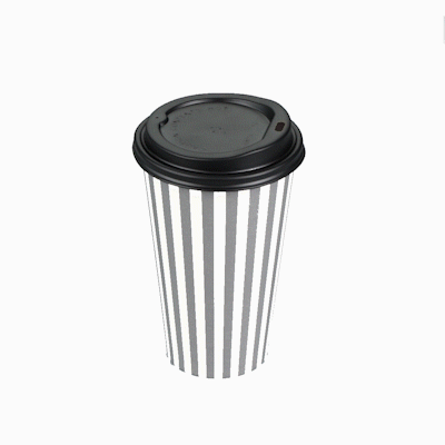 Restpresso 16 oz Gray and White Stripe Paper Single Wall Coffee Cup - with Black Lid - 3 1/2"x 3 1/2"x 5 1/2" - 20 count box