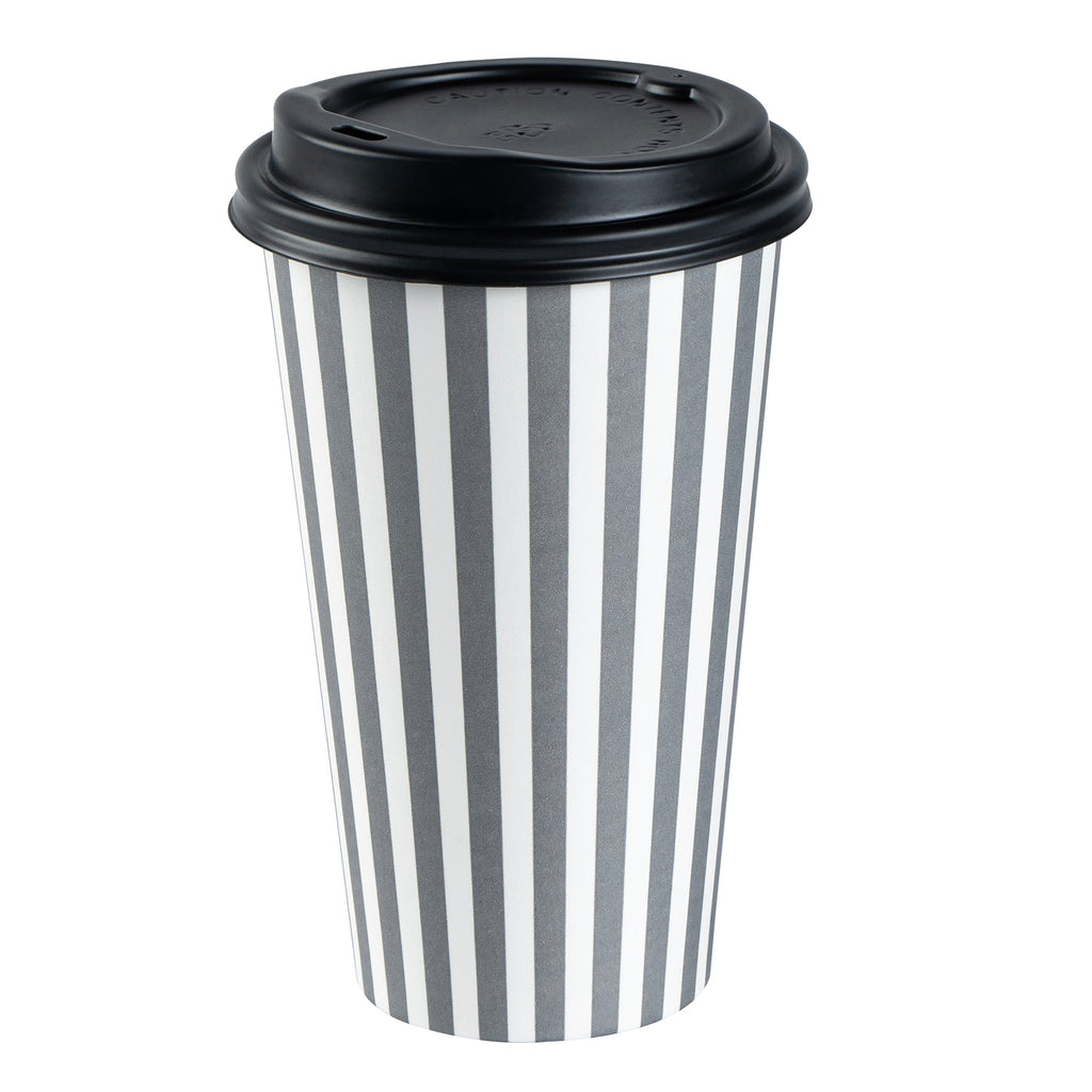 Restpresso 16 oz Gray and White Stripe Paper Single Wall Coffee Cup - with Black Lid - 3 1/2"x 3 1/2"x 5 1/2" - 20 count box