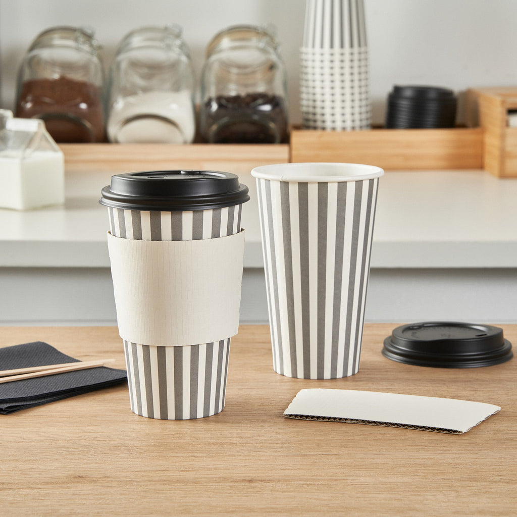 Restpresso 16 oz Gray and White Stripe Paper Single Wall Coffee Cup - with Black Lid - 3 1/2"x 3 1/2"x 5 1/2" - 20 count box