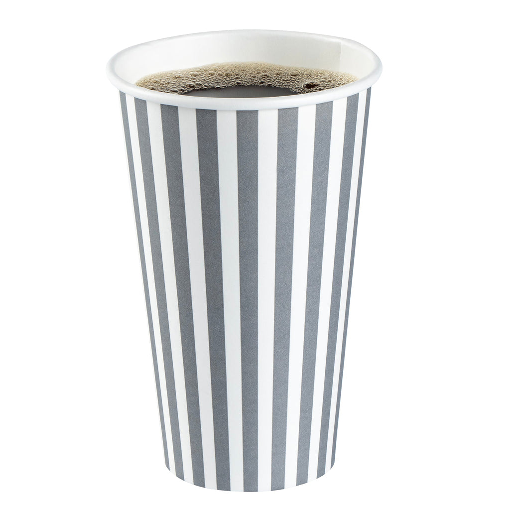 Restpresso 16 oz Gray and White Stripe Paper Single Wall Coffee Cup - with Black Lid - 3 1/2"x 3 1/2"x 5 1/2" - 400 count box