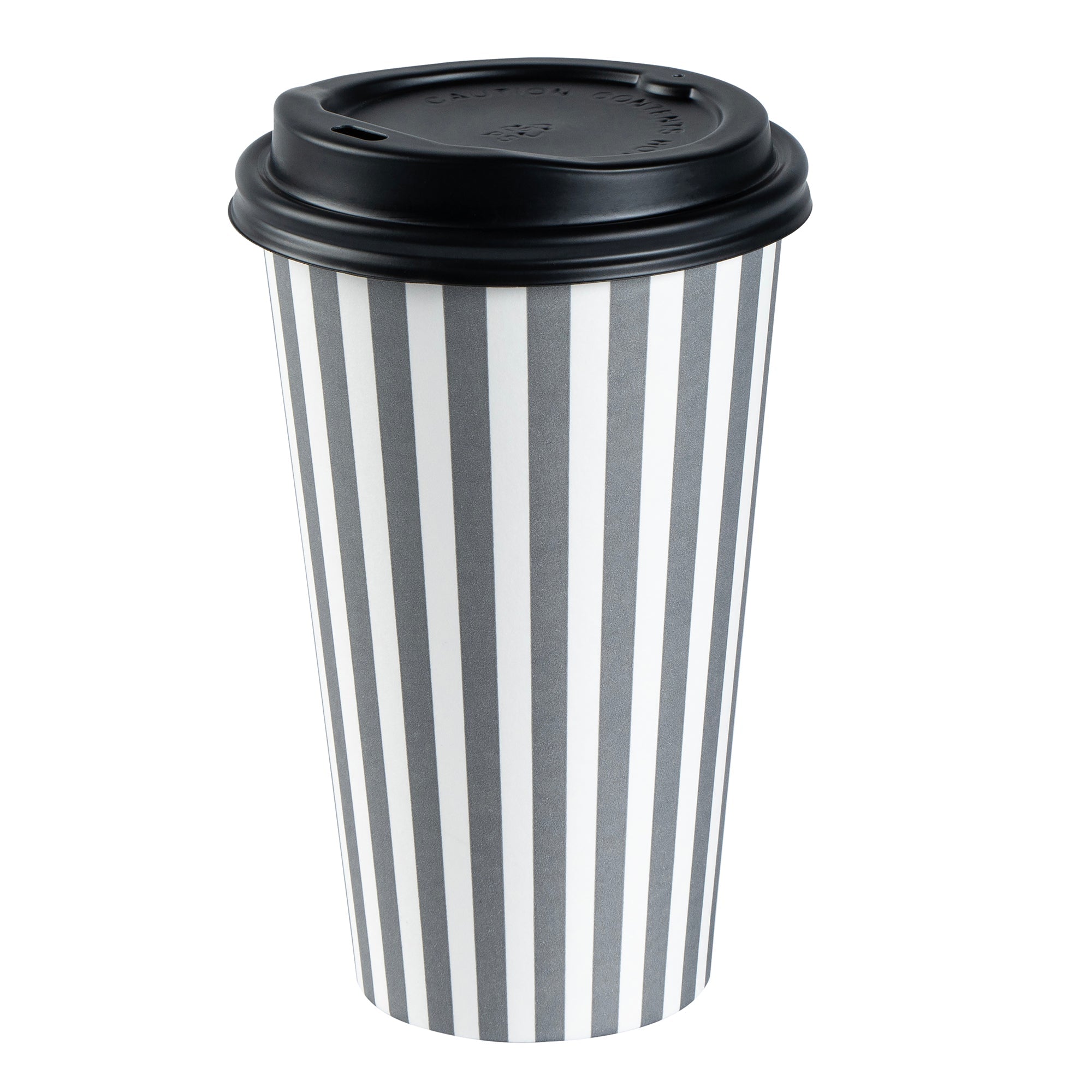 Restpresso 16 oz Gray and White Stripe Paper Single Wall Coffee Cup - with Black Lid - 3 1/2"x 3 1/2"x 5 1/2" - 400 count box