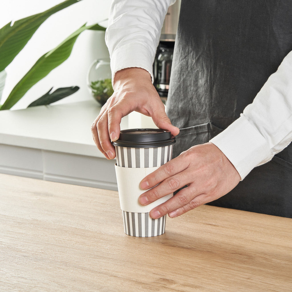 Restpresso 16 oz Gray and White Stripe Paper Single Wall Coffee Cup - with Black Lid - 3 1/2"x 3 1/2"x 5 1/2" - 400 count box