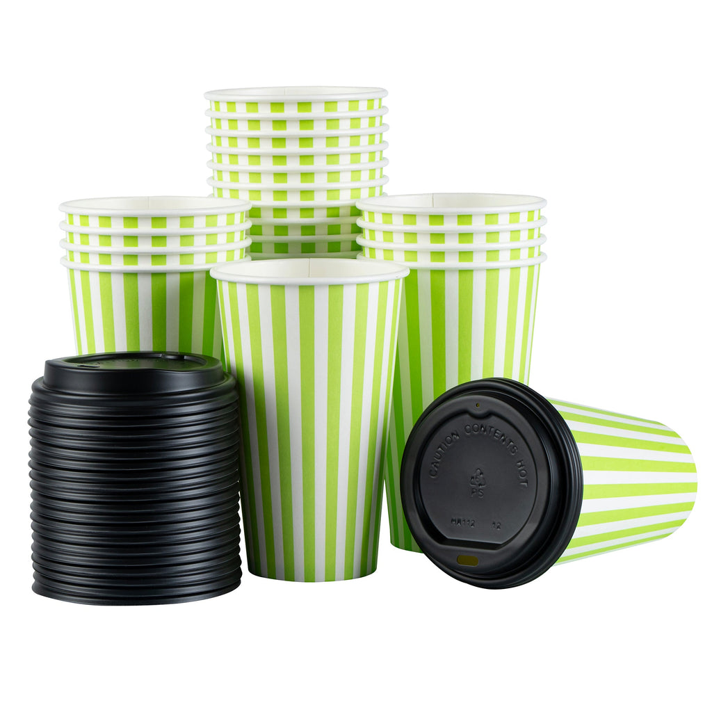 Restpresso 16 oz Green and White Stripe Paper Single Wall Coffee Cup - with Black Lid - 3 1/2"x 3 1/2"x 5 1/2" - 400 count box