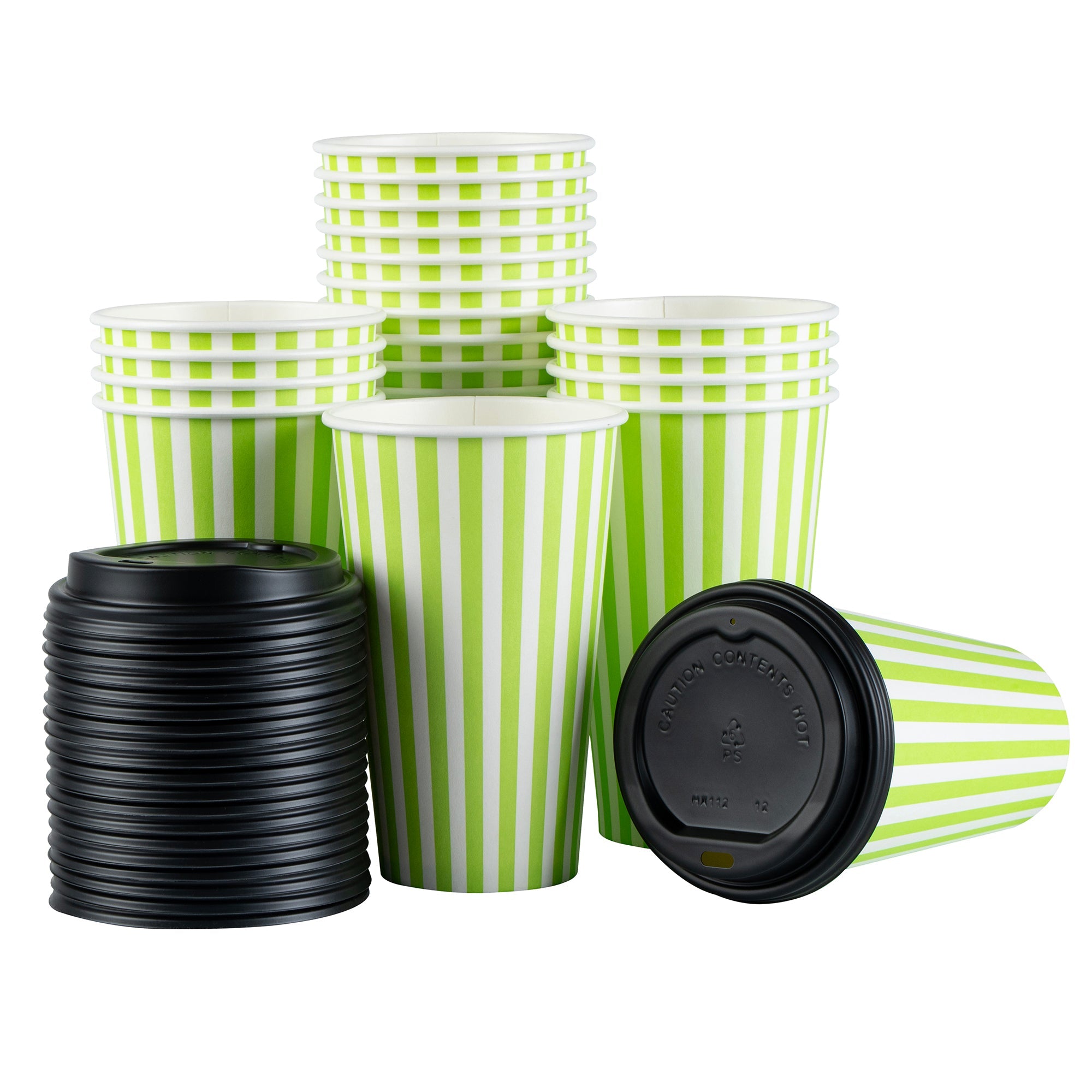 Restpresso 16 oz Green and White Stripe Paper Single Wall Coffee Cup - with Black Lid - 3 1/2"x 3 1/2"x 5 1/2" - 400 count box