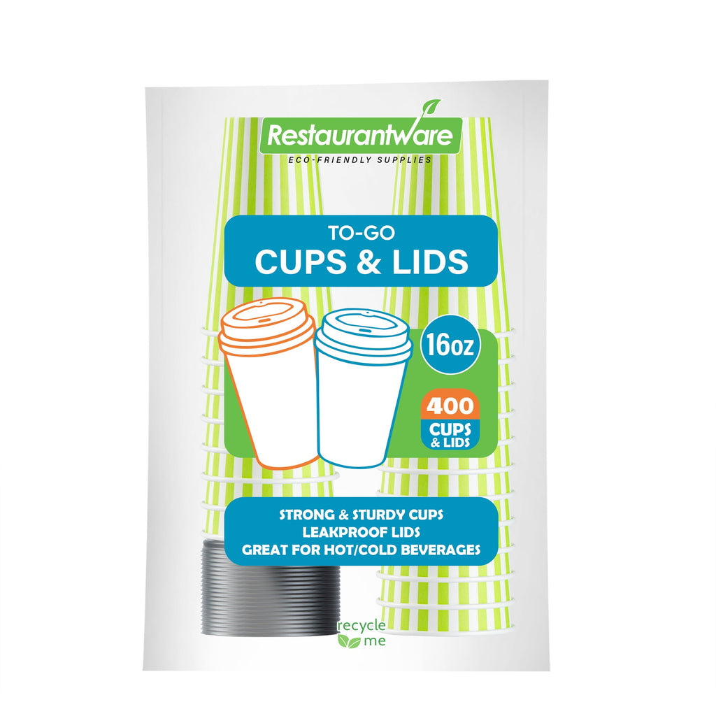 Restpresso 16 oz Green and White Stripe Paper Single Wall Coffee Cup - with Black Lid - 3 1/2"x 3 1/2"x 5 1/2" - 400 count box