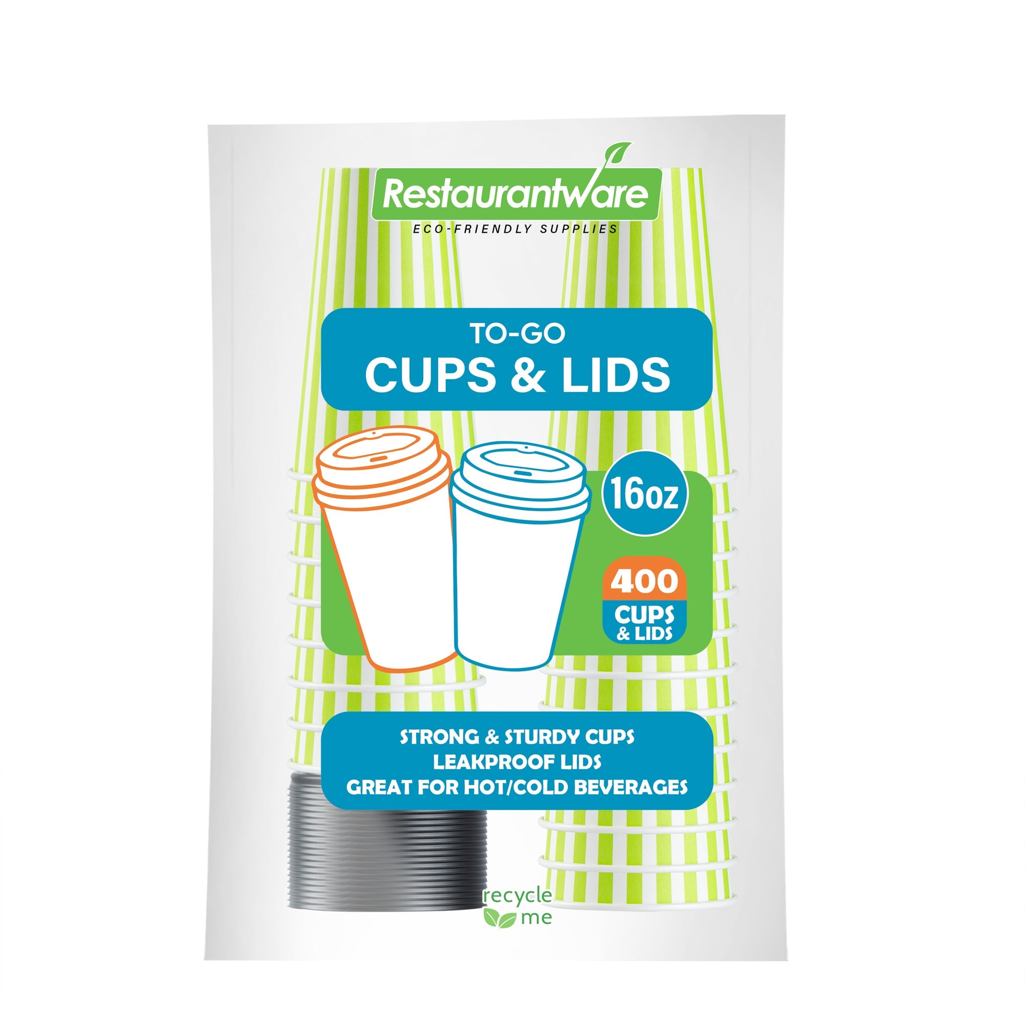 Restpresso 16 oz Green and White Stripe Paper Single Wall Coffee Cup - with Black Lid - 3 1/2"x 3 1/2"x 5 1/2" - 20 count box