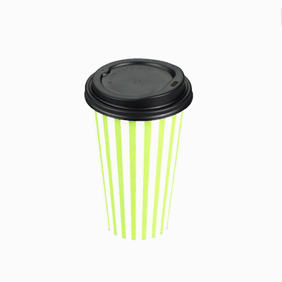Restpresso 16 oz Green and White Stripe Paper Single Wall Coffee Cup - with Black Lid - 3 1/2"x 3 1/2"x 5 1/2" - 20 count box