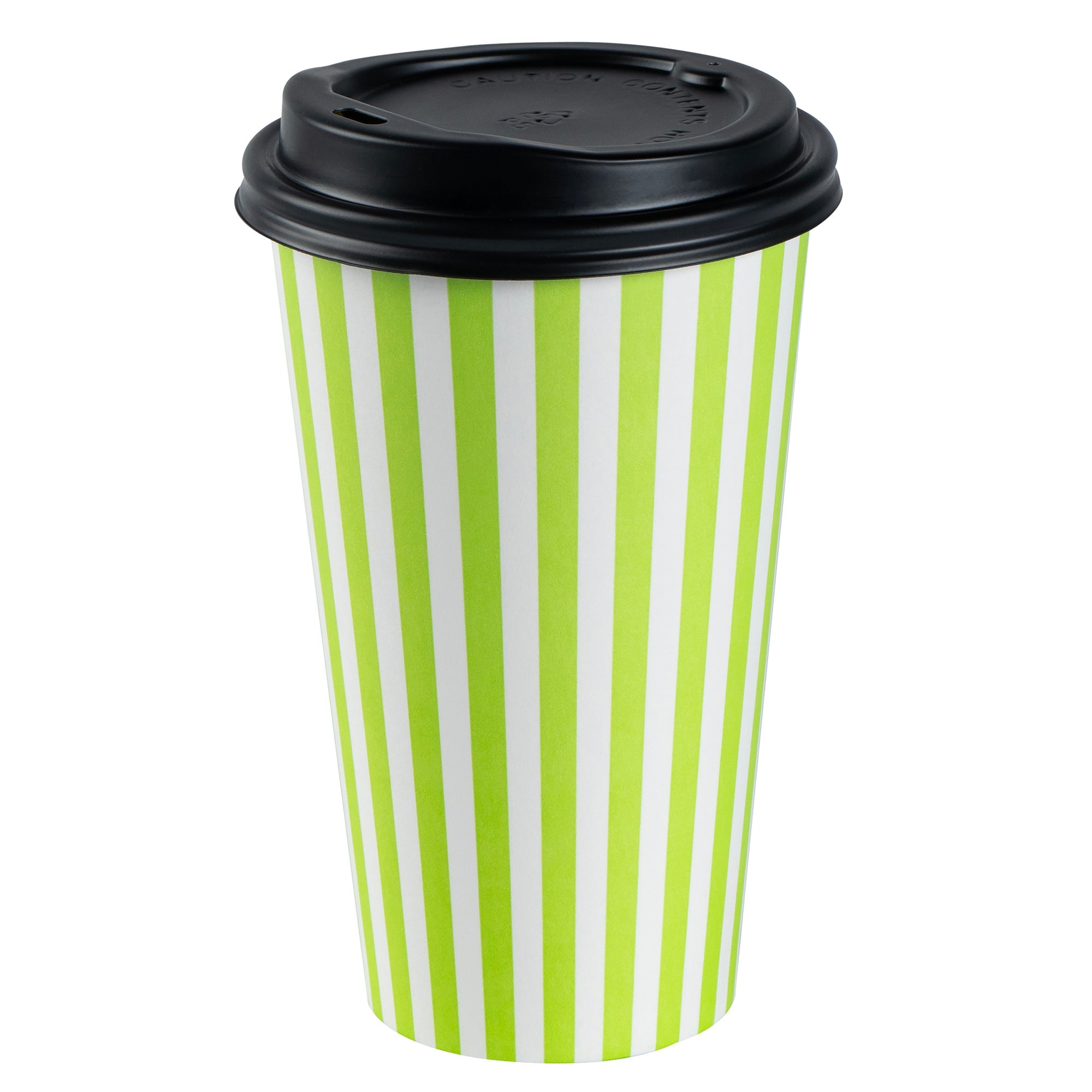 Restpresso 16 oz Green and White Stripe Paper Single Wall Coffee Cup - with Black Lid - 3 1/2"x 3 1/2"x 5 1/2" - 20 count box