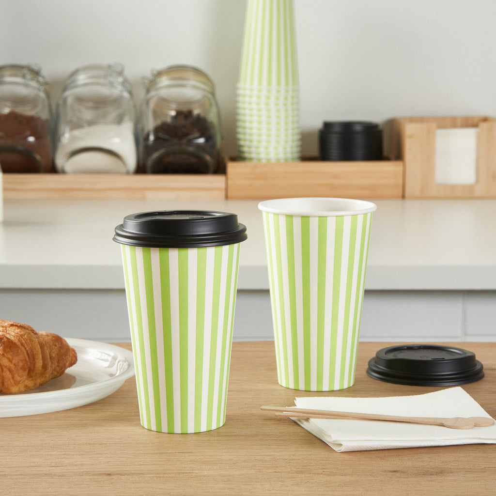Restpresso 16 oz Green and White Stripe Paper Single Wall Coffee Cup - with Black Lid - 3 1/2"x 3 1/2"x 5 1/2" - 20 count box