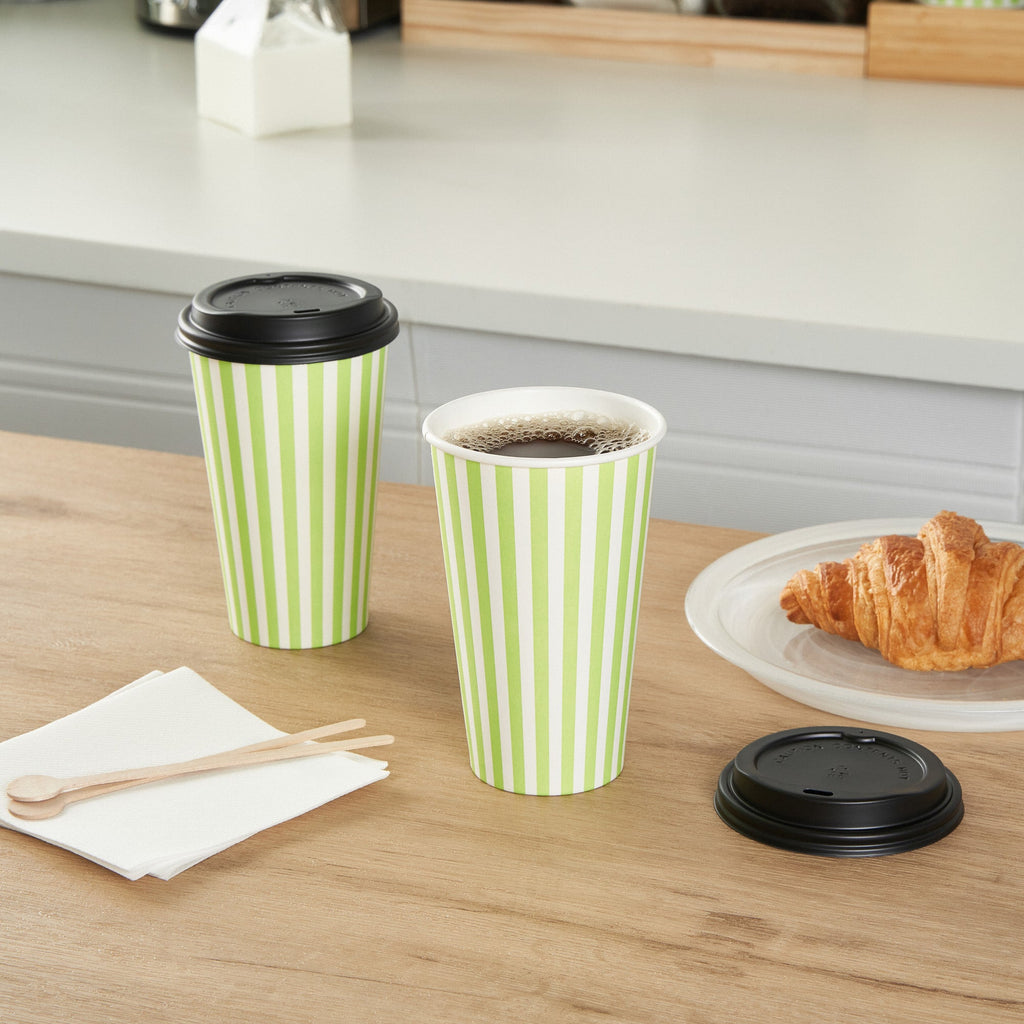 Restpresso 16 oz Green and White Stripe Paper Single Wall Coffee Cup - with Black Lid - 3 1/2"x 3 1/2"x 5 1/2" - 20 count box