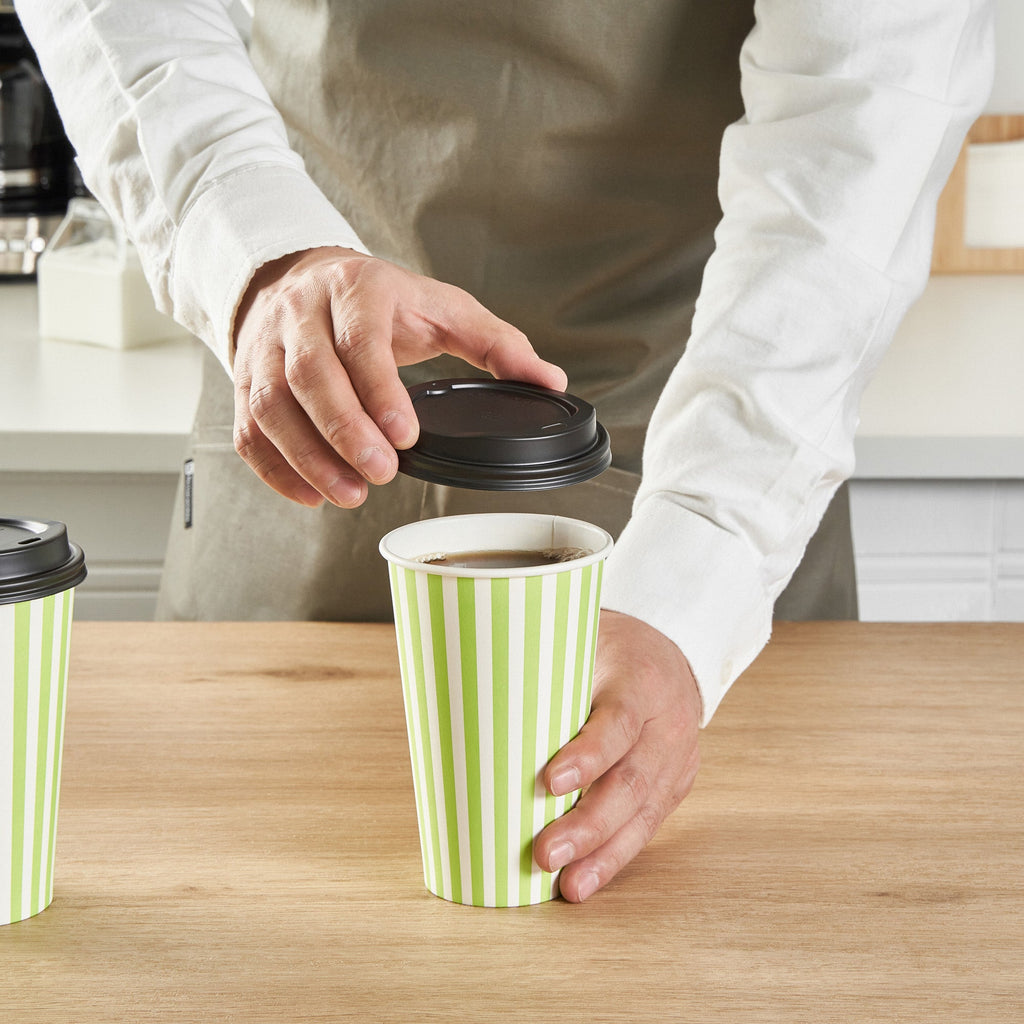 Restpresso 16 oz Green and White Stripe Paper Single Wall Coffee Cup - with Black Lid - 3 1/2"x 3 1/2"x 5 1/2" - 400 count box