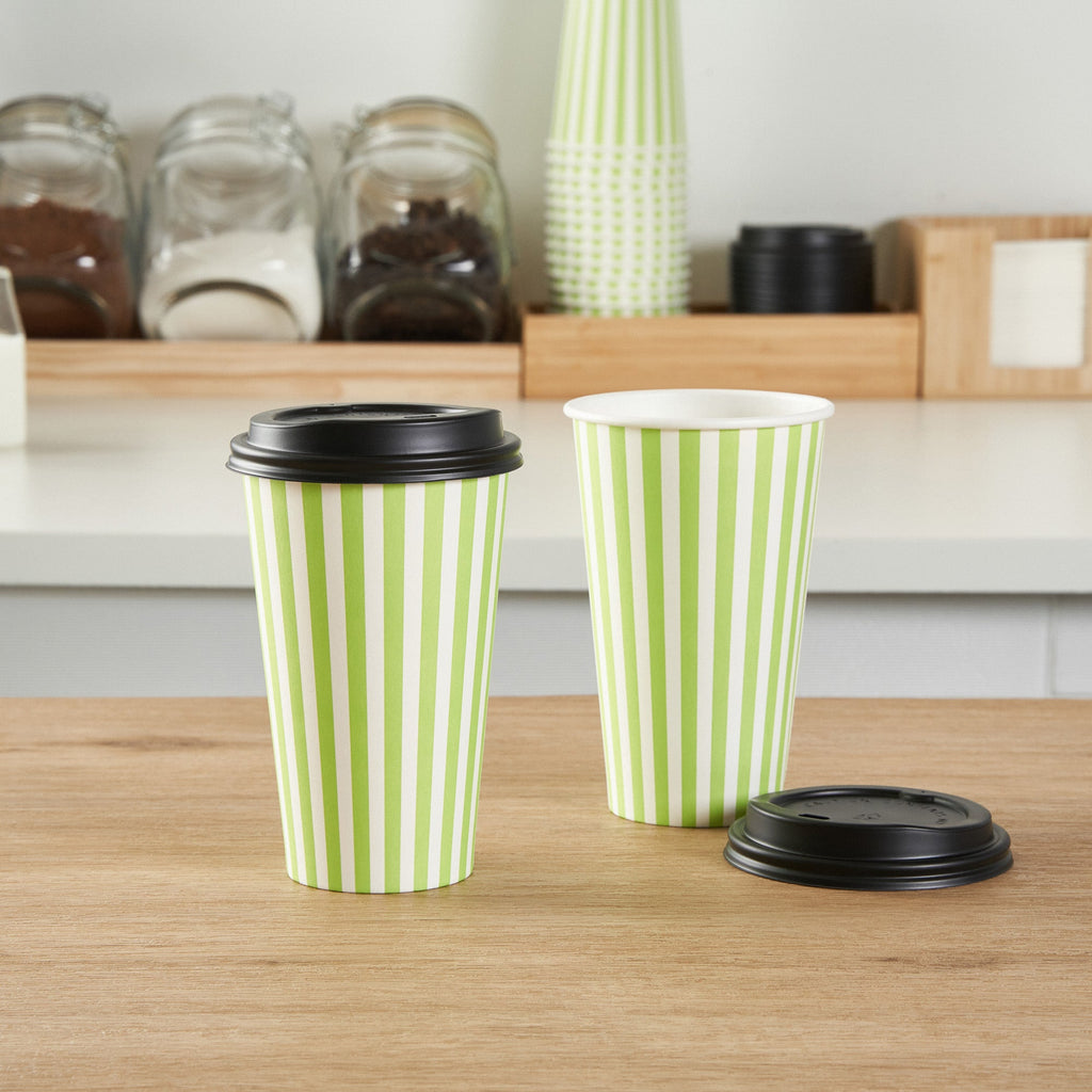 Restpresso 16 oz Green and White Stripe Paper Single Wall Coffee Cup - with Black Lid - 3 1/2"x 3 1/2"x 5 1/2" - 400 count box