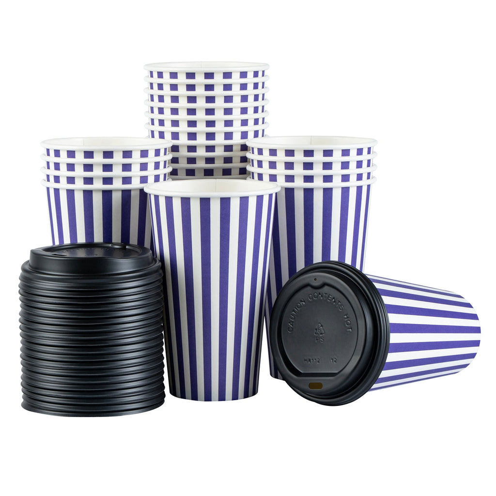 Restpresso 16 oz Purple and White Stripe Paper Single Wall Coffee Cup - with Black Lid - 3 1/2"x 3 1/2"x 5 1/2" - 20 count box
