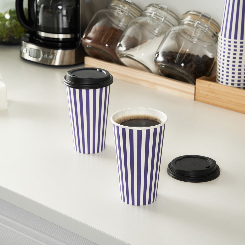 Restpresso 16 oz Purple and White Stripe Paper Single Wall Coffee Cup - with Black Lid - 3 1/2"x 3 1/2"x 5 1/2" - 20 count box