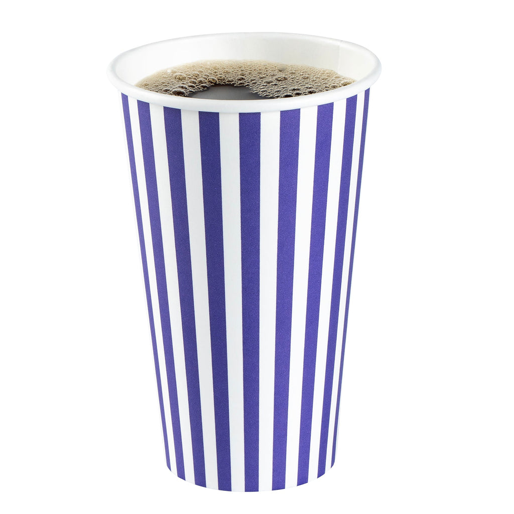 Restpresso 16 oz Purple and White Stripe Paper Single Wall Coffee Cup - with Black Lid - 3 1/2"x 3 1/2"x 5 1/2" - 20 count box