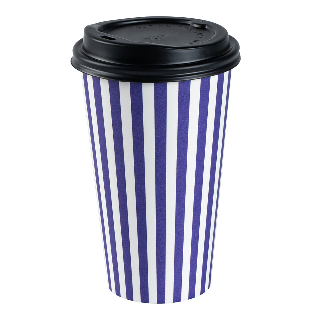 Restpresso 16 oz Purple and White Stripe Paper Single Wall Coffee Cup - with Black Lid - 3 1/2"x 3 1/2"x 5 1/2" - 20 count box