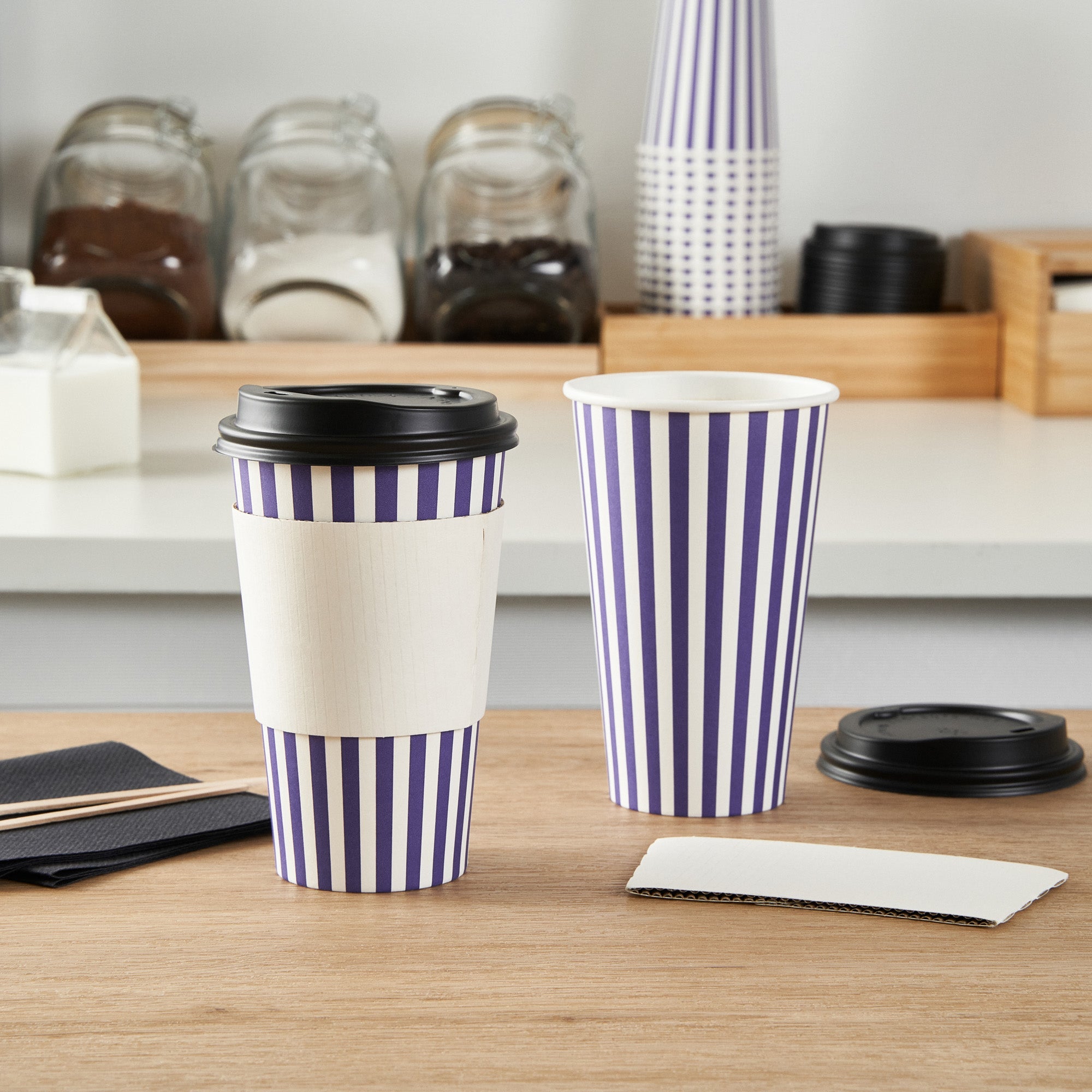 Restpresso 16 oz Purple and White Stripe Paper Single Wall Coffee Cup - with Black Lid - 3 1/2"x 3 1/2"x 5 1/2" - 400 count box