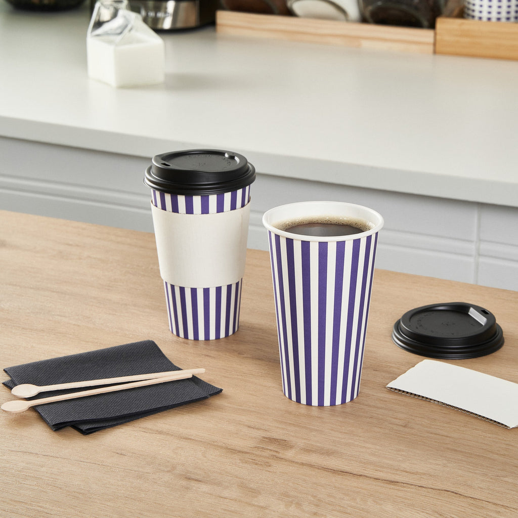 Restpresso 16 oz Purple and White Stripe Paper Single Wall Coffee Cup - with Black Lid - 3 1/2"x 3 1/2"x 5 1/2" - 400 count box