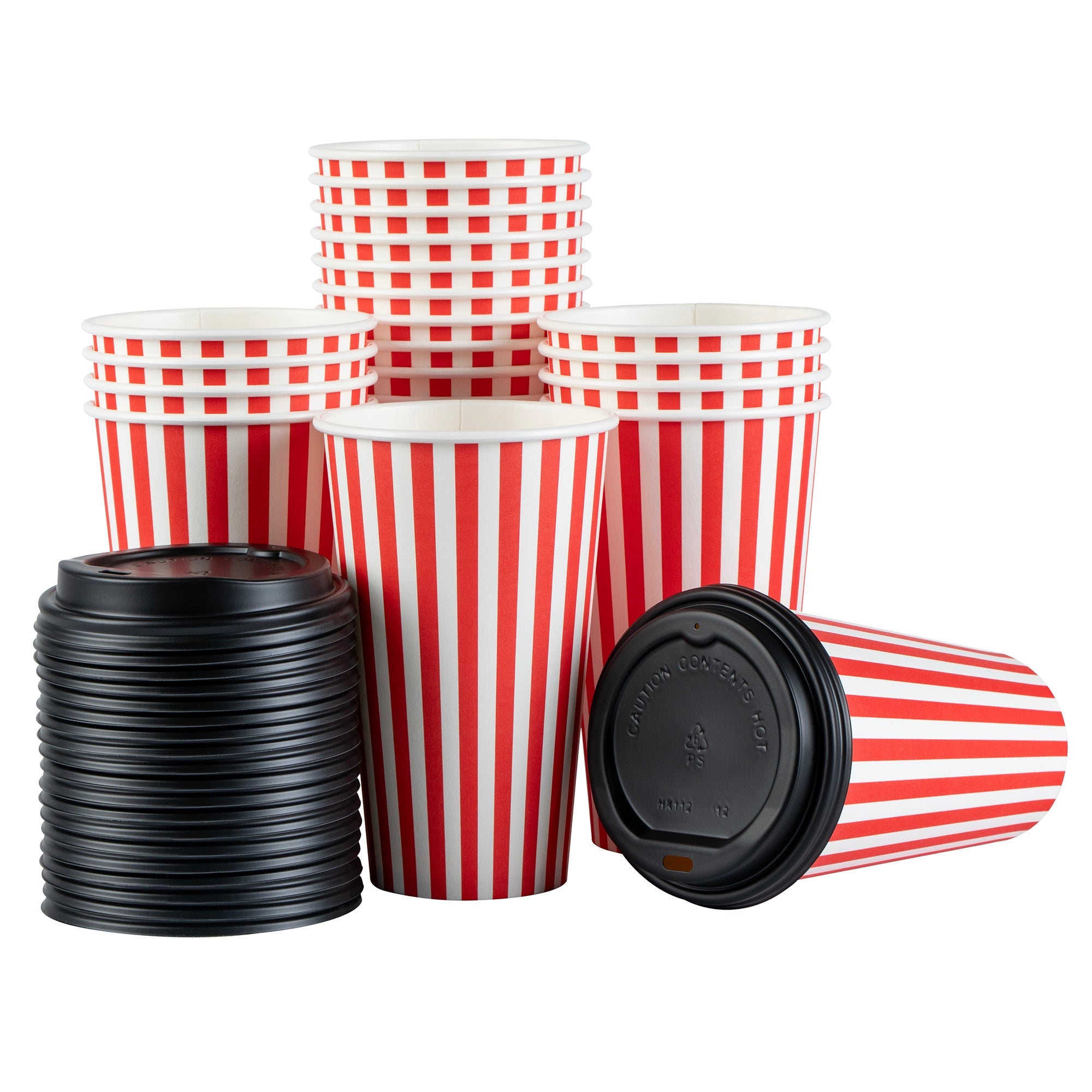 Restpresso 16 oz Red and White Stripe Paper Single Wall Coffee Cup - with Black Lid - 3 1/2"x 3 1/2"x 5 1/2" - 20 count box