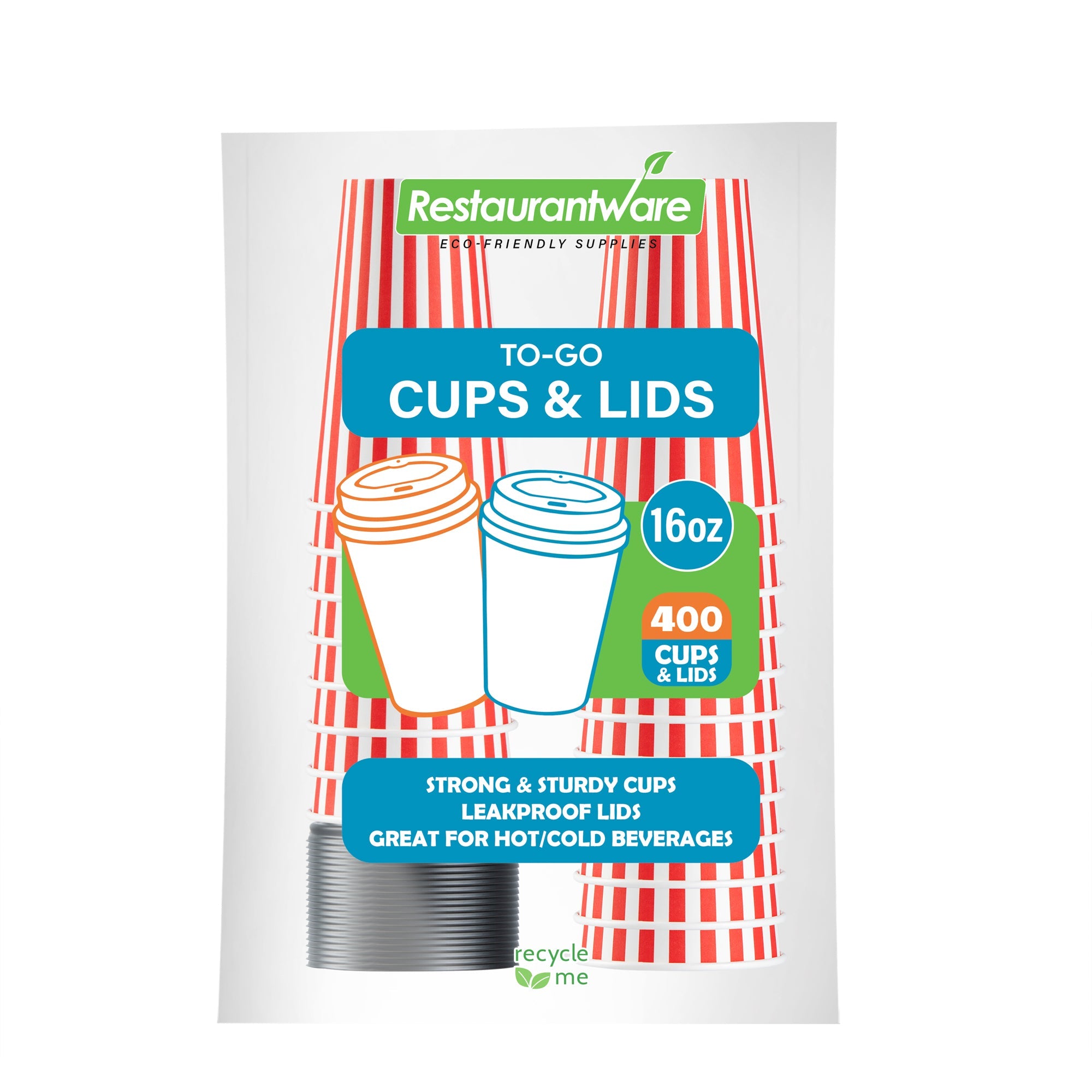 Restpresso 16 oz Red and White Stripe Paper Single Wall Coffee Cup - with Black Lid - 3 1/2"x 3 1/2"x 5 1/2" - 20 count box