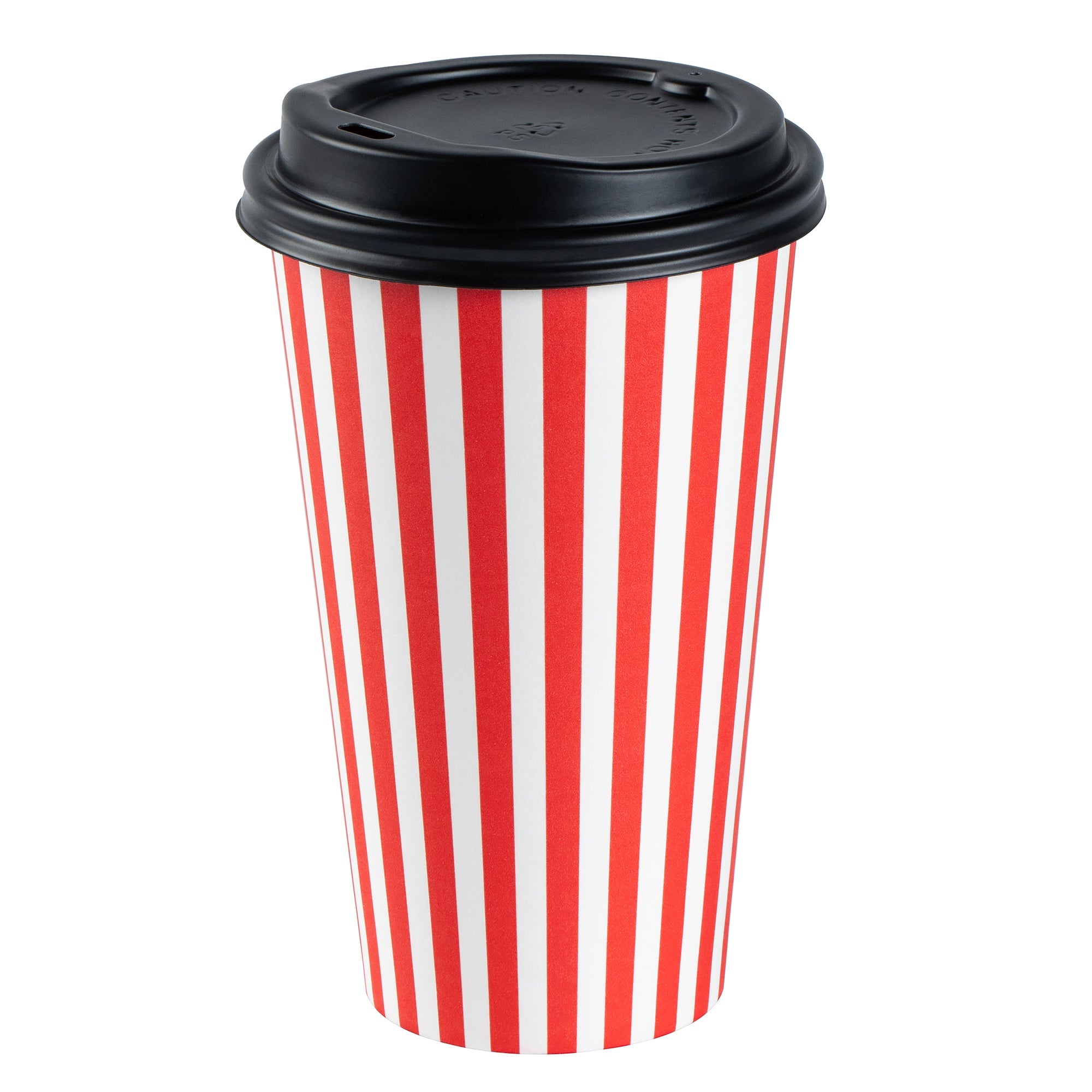 Restpresso 16 oz Red and White Stripe Paper Single Wall Coffee Cup - with Black Lid - 3 1/2"x 3 1/2"x 5 1/2" - 20 count box