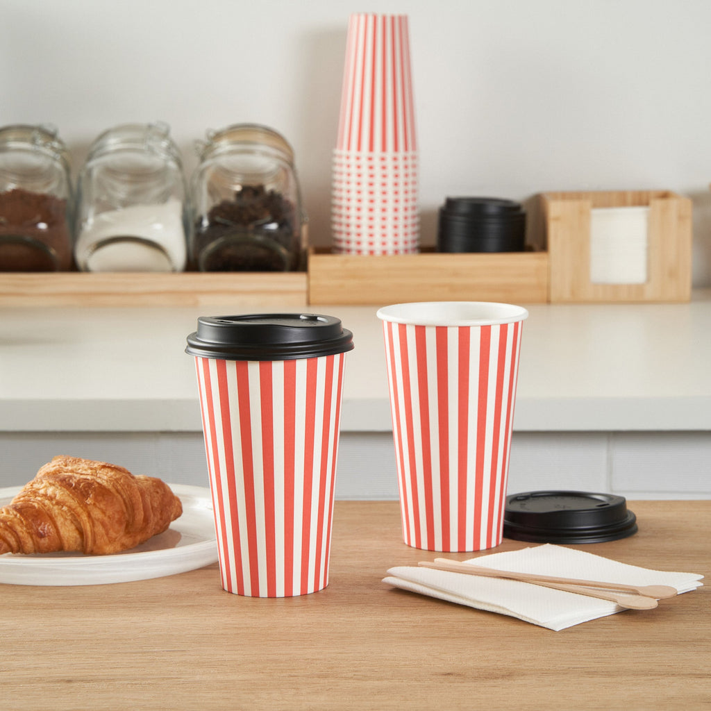 Restpresso 16 oz Red and White Stripe Paper Single Wall Coffee Cup - with Black Lid - 3 1/2"x 3 1/2"x 5 1/2" - 20 count box