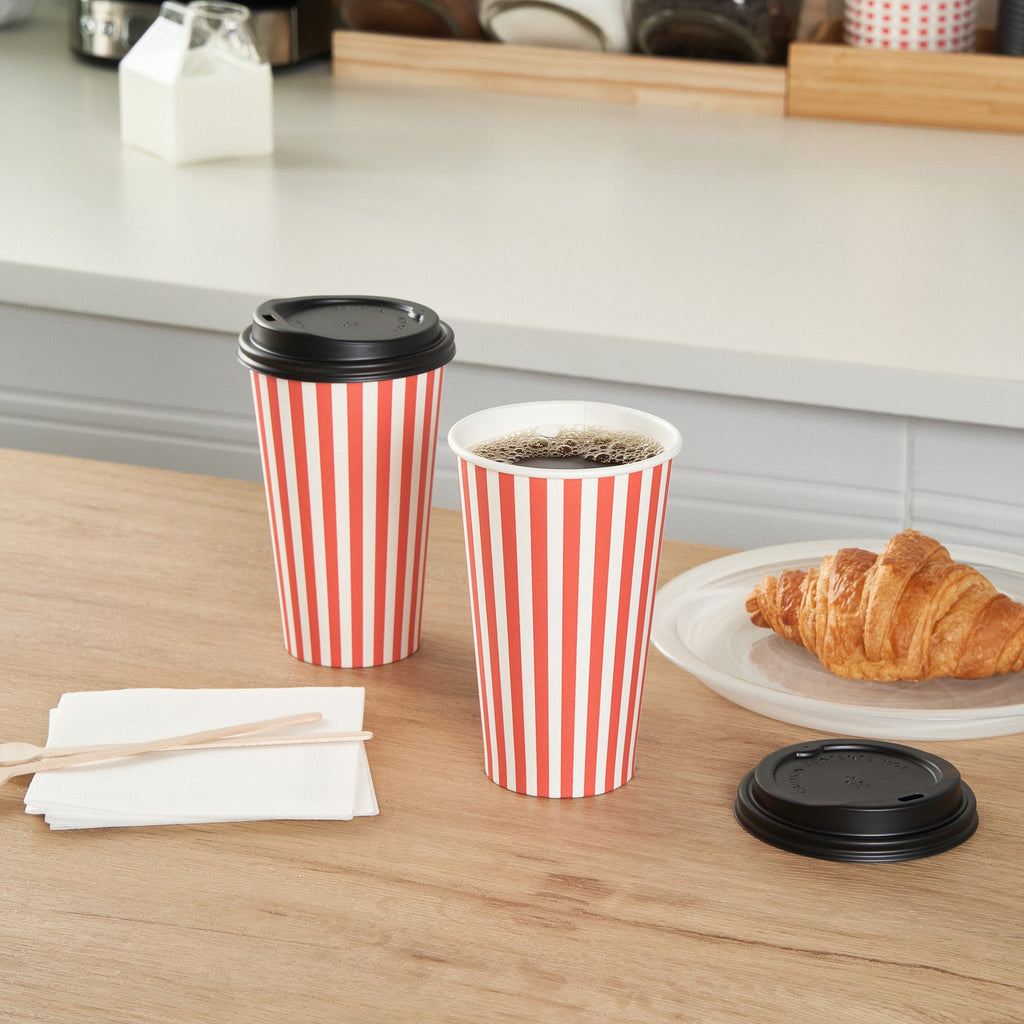 Restpresso 16 oz Red and White Stripe Paper Single Wall Coffee Cup - with Black Lid - 3 1/2"x 3 1/2"x 5 1/2" - 20 count box