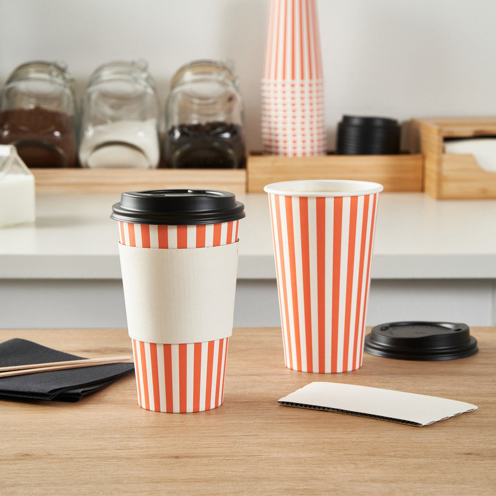 Restpresso 16 oz Orange and White Stripe Paper Single Wall Coffee Cup - with Black Lid - 3 1/2"x 3 1/2"x 5 1/2" - 20 count box