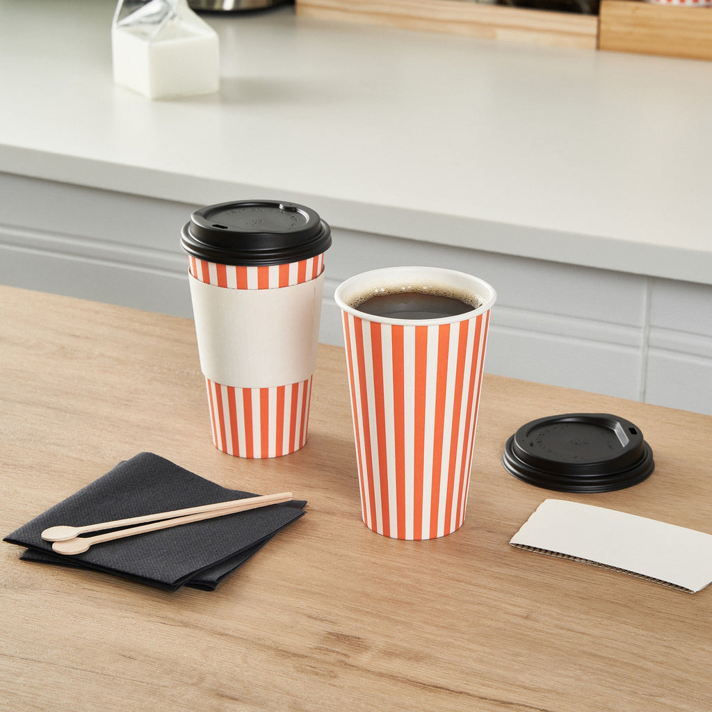 Restpresso 16 oz Orange and White Stripe Paper Single Wall Coffee Cup - with Black Lid - 3 1/2"x 3 1/2"x 5 1/2" - 20 count box