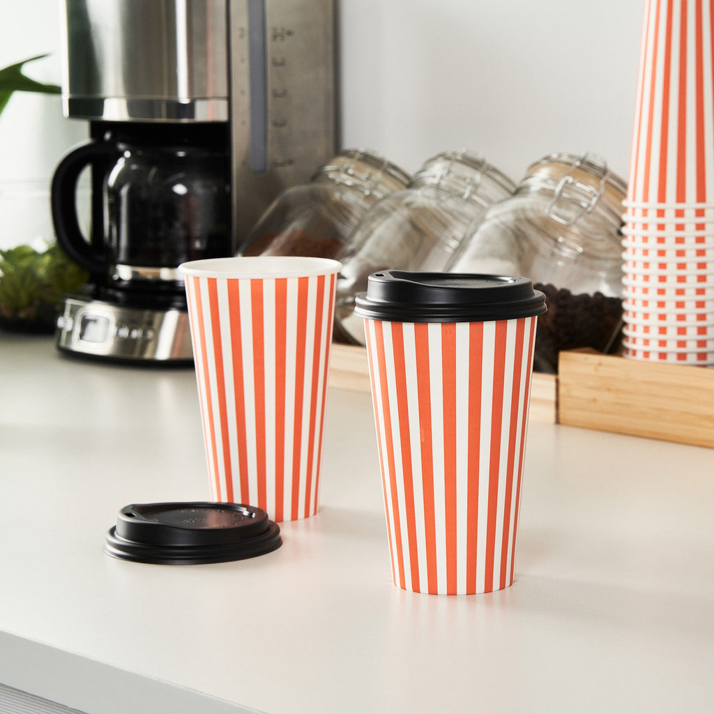Restpresso 16 oz Orange and White Stripe Paper Single Wall Coffee Cup - with Black Lid - 3 1/2"x 3 1/2"x 5 1/2" - 20 count box