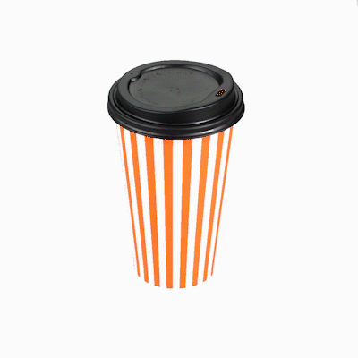 Restpresso 16 oz Orange and White Stripe Paper Single Wall Coffee Cup - with Black Lid - 3 1/2"x 3 1/2"x 5 1/2" - 400 count box