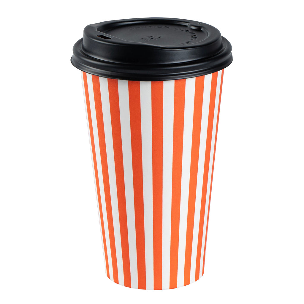 Restpresso 16 oz Orange and White Stripe Paper Single Wall Coffee Cup - with Black Lid - 3 1/2"x 3 1/2"x 5 1/2" - 400 count box