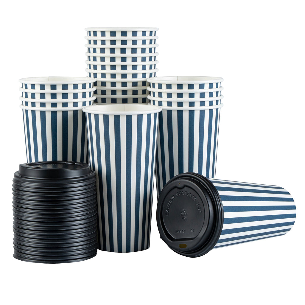 Restpresso 20 oz Blue and White Stripe Paper Single Wall Coffee Cup - with Black Lid - 3 1/2"x 3 1/2"x 6 1/4" - 20 count box