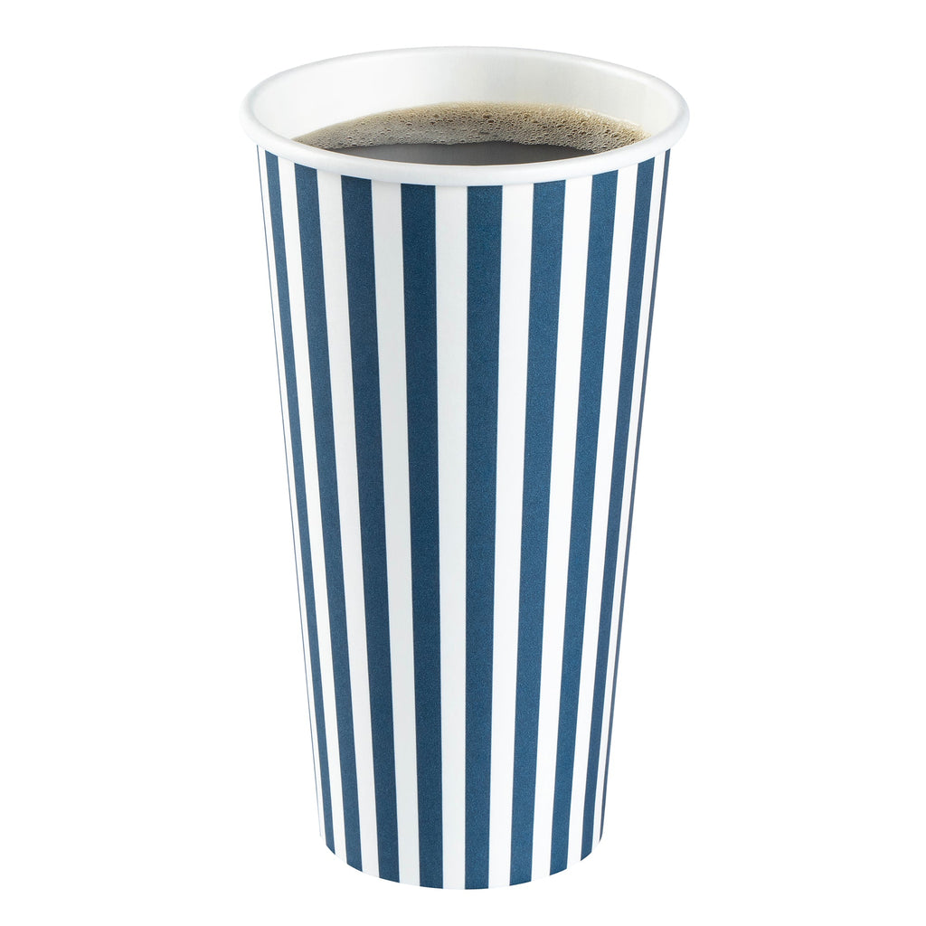 Restpresso 20 oz Blue and White Stripe Paper Single Wall Coffee Cup - with Black Lid - 3 1/2"x 3 1/2"x 6 1/4" - 20 count box