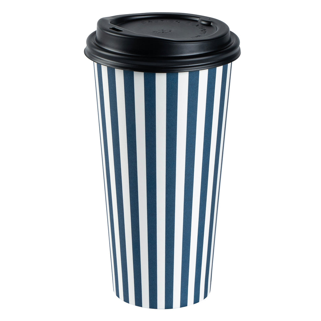 Restpresso 20 oz Blue and White Stripe Paper Single Wall Coffee Cup - with Black Lid - 3 1/2"x 3 1/2"x 6 1/4" - 20 count box