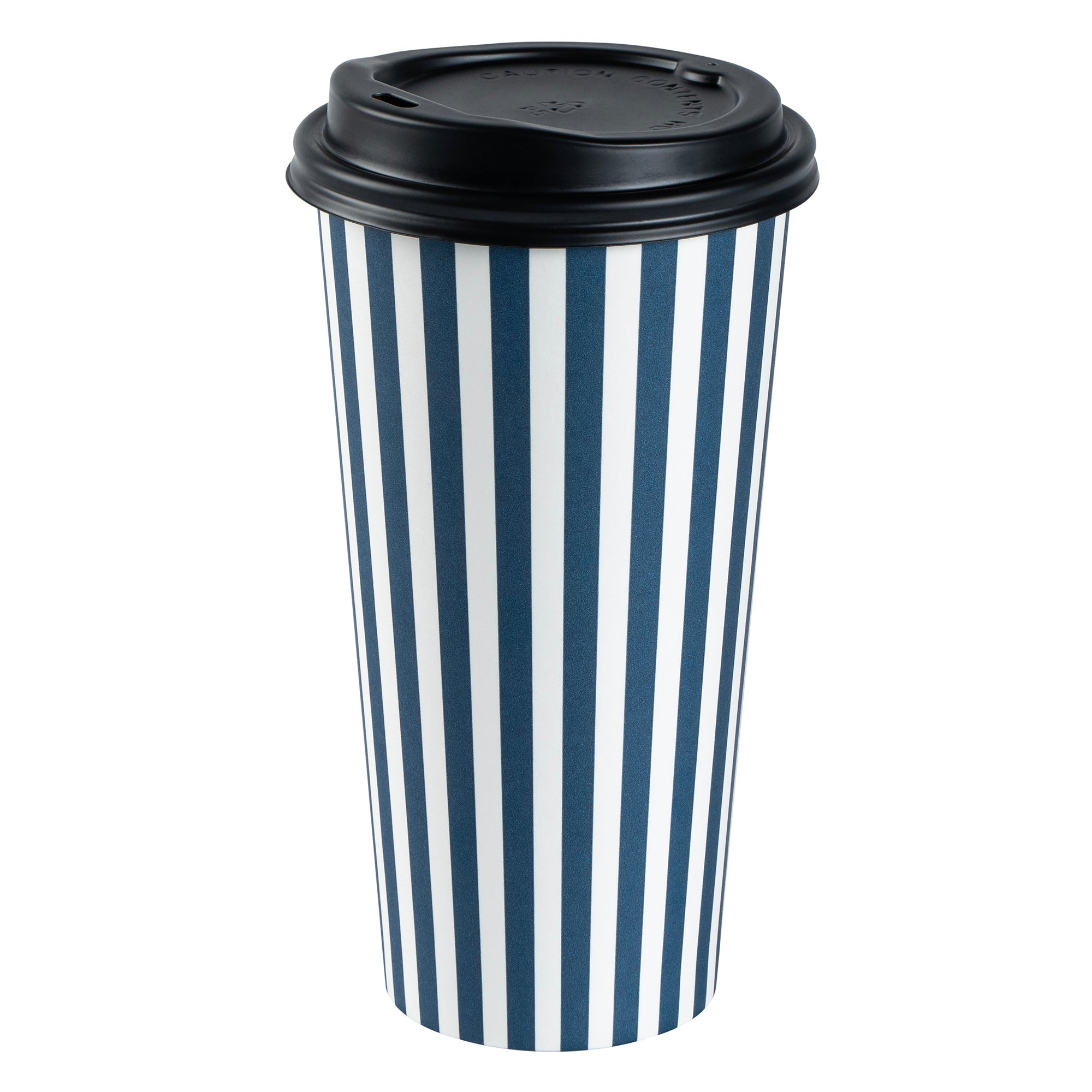 Restpresso 20 oz Blue and White Stripe Paper Single Wall Coffee Cup - with Black Lid - 3 1/2"x 3 1/2"x 6 1/4" - 20 count box
