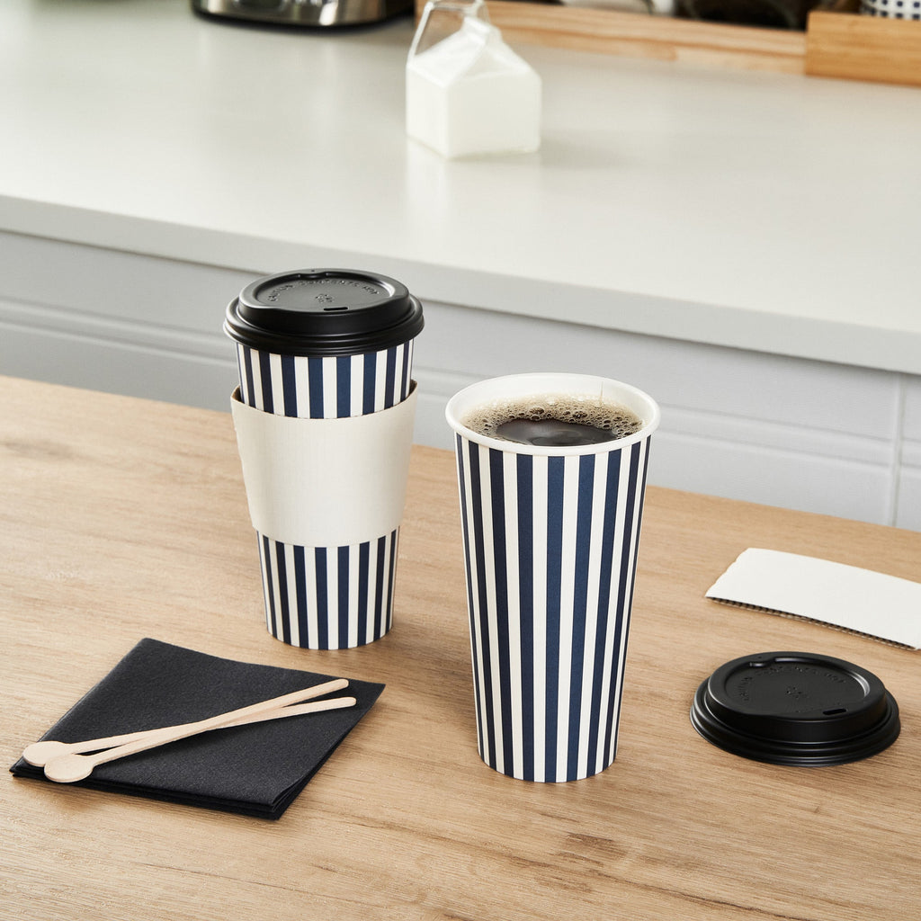 Restpresso 20 oz Blue and White Stripe Paper Single Wall Coffee Cup - with Black Lid - 3 1/2"x 3 1/2"x 6 1/4" - 20 count box